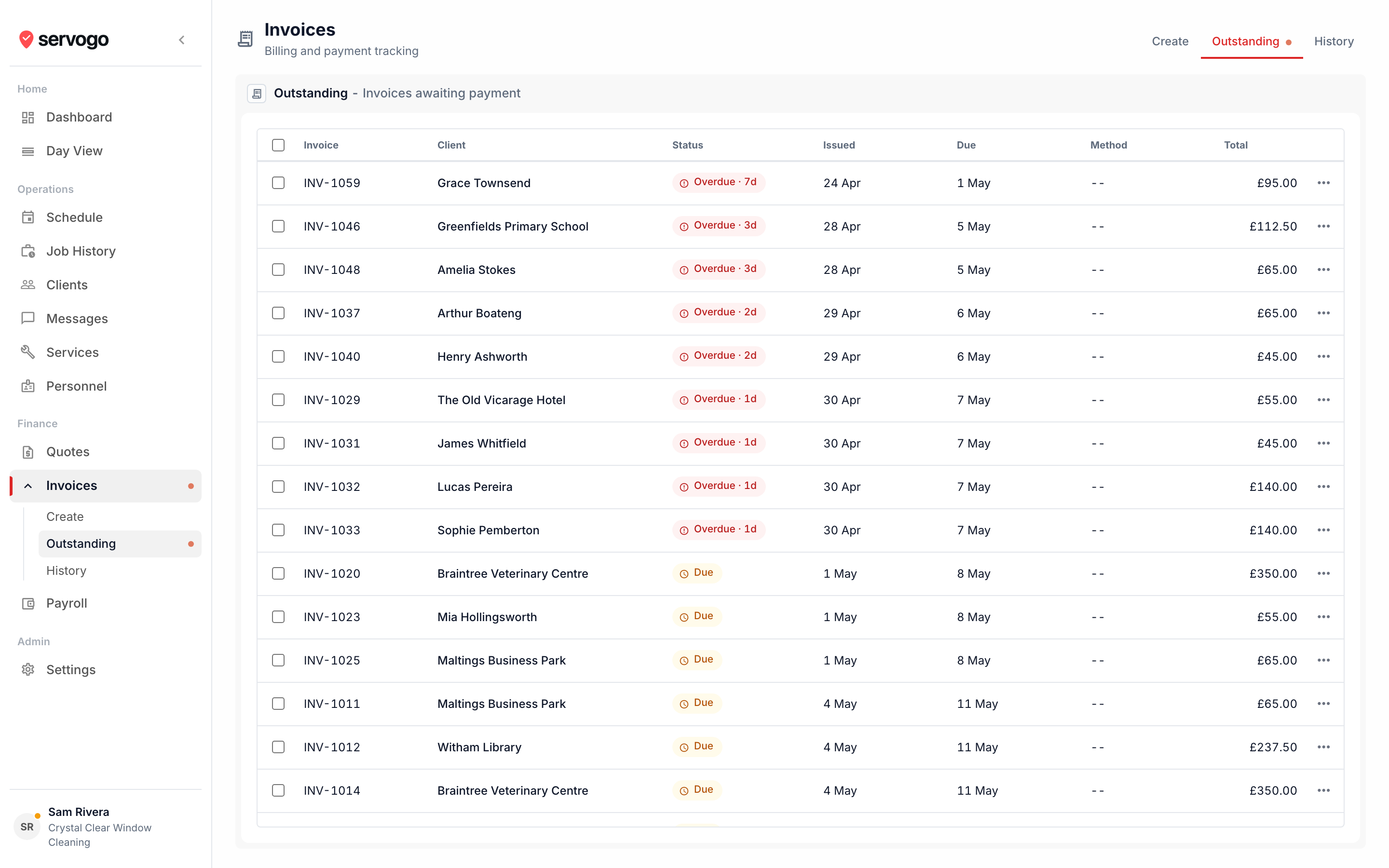 Servogo invoices for window cleaning business