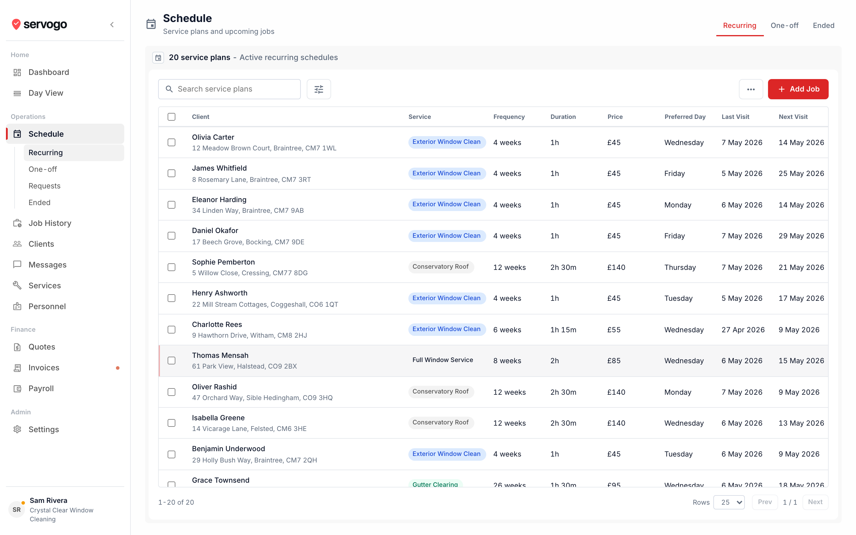 Servogo schedule view for gardening business